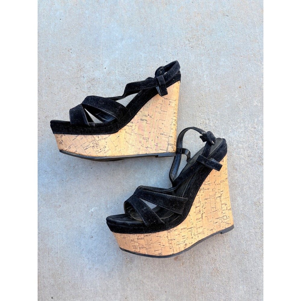 Y2K ShoeDazzle Black Faux Suede Cork Platform Wedge Sandals Ankle Strap Heel - Picture 3 of 5